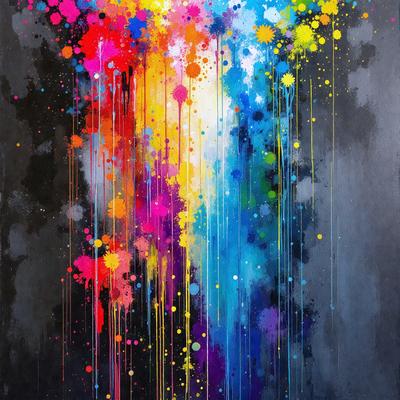 The primary subject of the image is a painting featuring a colorful, abstract design. The setting is a black background, which contrasts with the vibrant colors of the painting. The visual style is a mix of digital art and illustration, creating a unique and eye-catching piece. The dominant colors in the painting are a combination of red, blue, yellow, and green, giving the artwork a lively and energetic atmosphere.